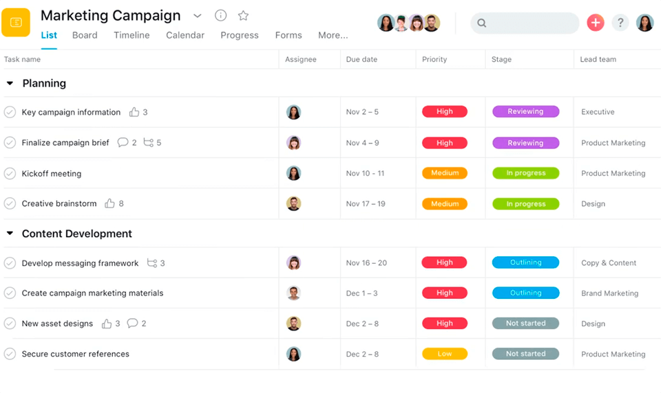 asana project management software interface