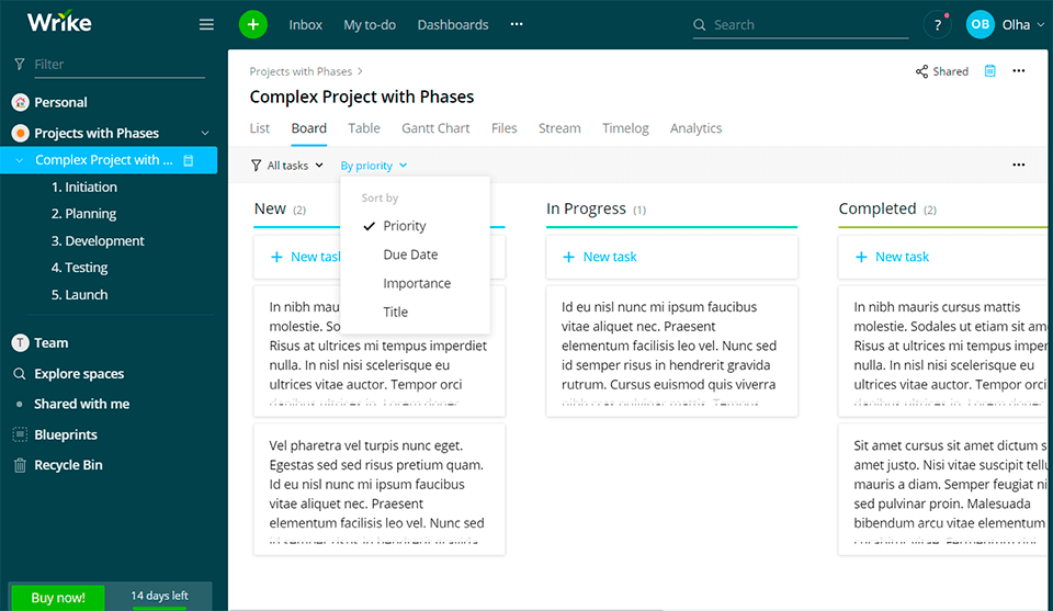 wrike project management software interface