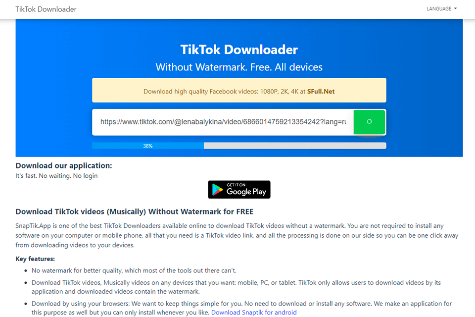 snaptik video downloader interface