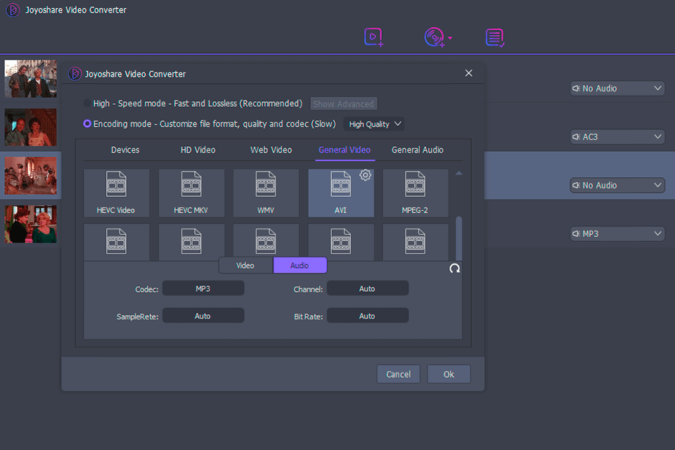 joyoshare video converter format settings