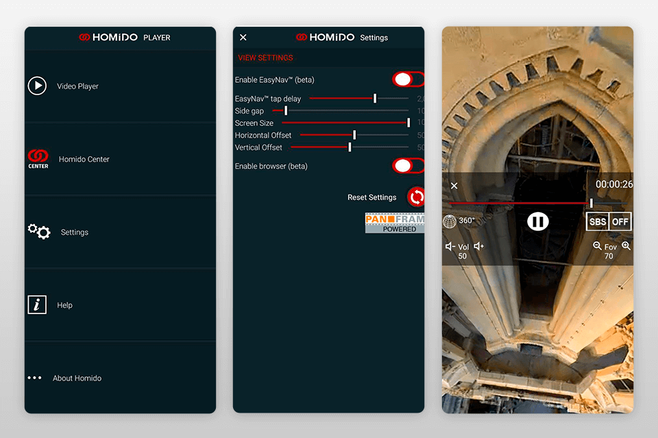 interface du lecteur vidéo homido 360 vr