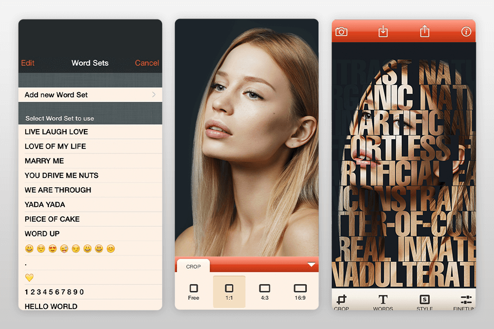 wordfoto texts on pictures app interface
