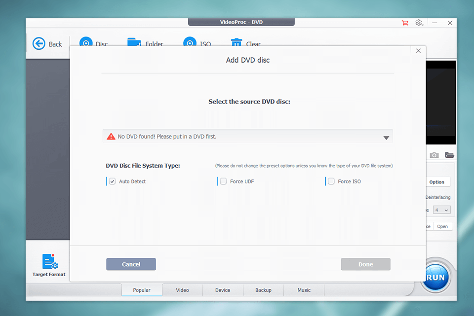 videoproc interface dvd