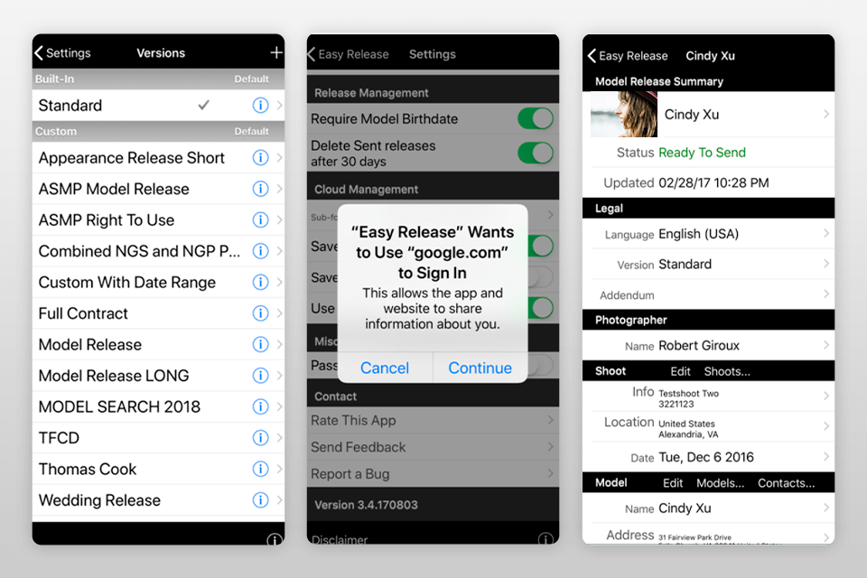 easy release model release app interface