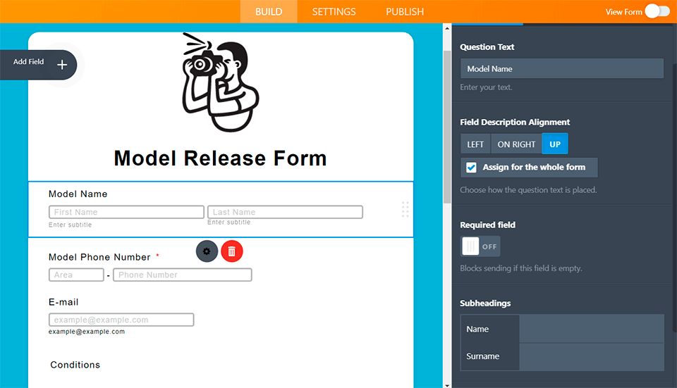 jotform model release app interface
