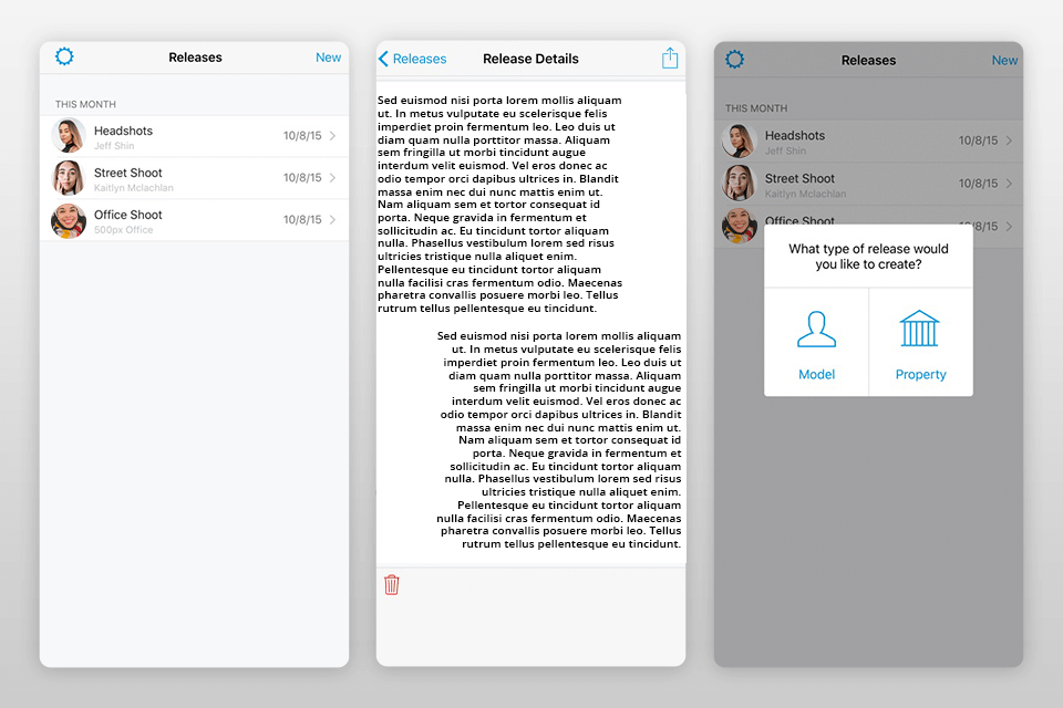 releases by 500px model release app interface