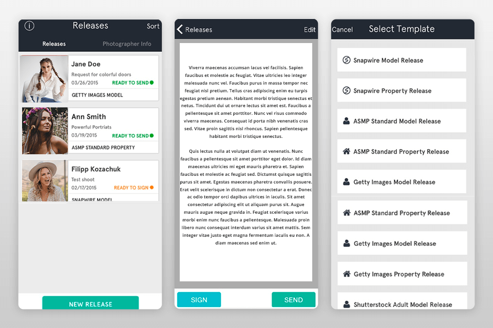 releases by snapwire model release app interface