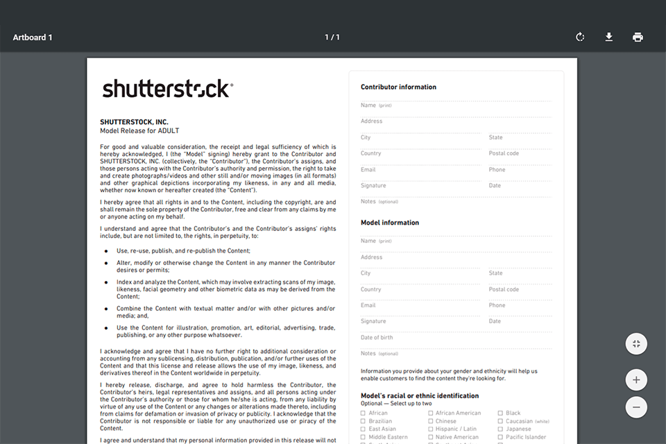 shutterstock model release app interface