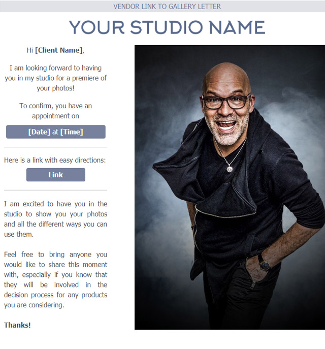 vendor link to gallery photographer email template