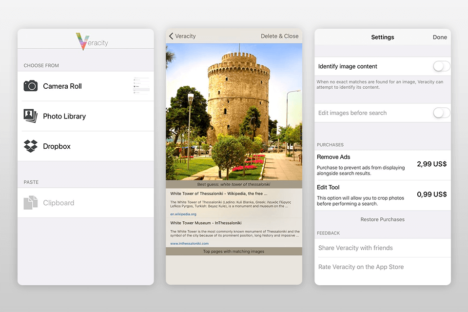 veracity reverse image search app interfaz