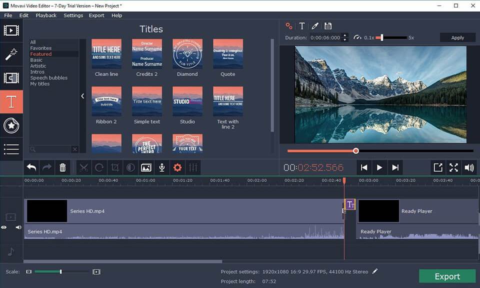 interface de movavi video editor