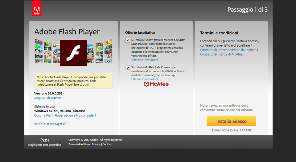 adobe flash player interfaccia