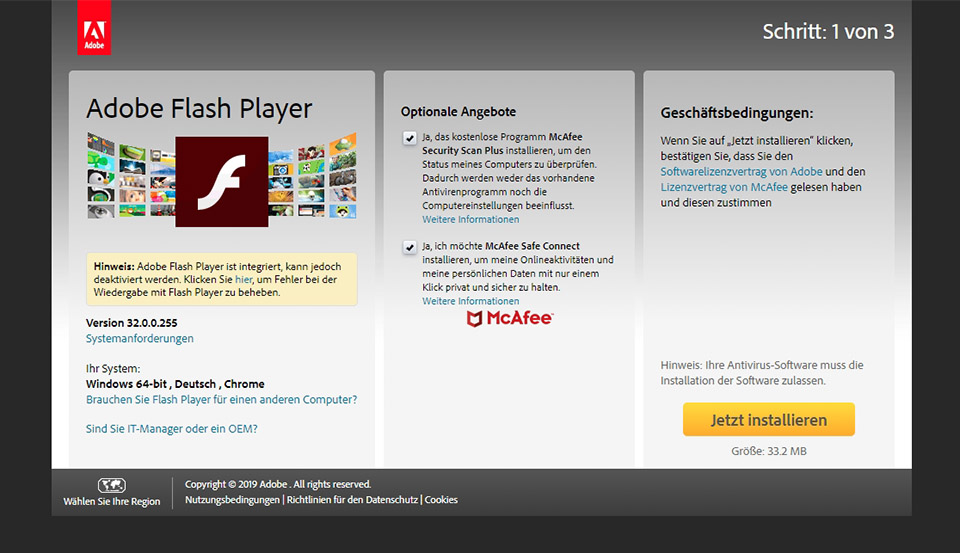 Interface von Adobe Flash Player