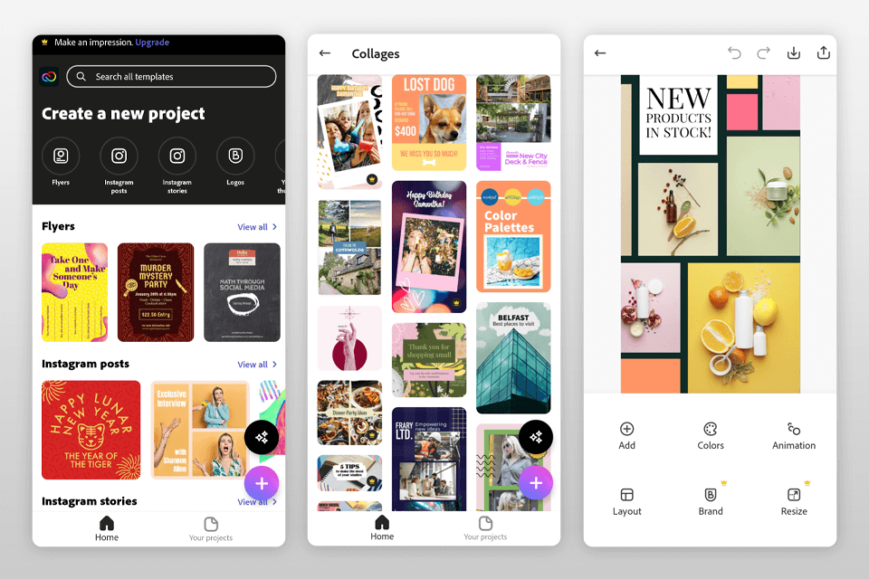 adobe Creative cloud Express واجهة تطبيق صور الشاشة المنقسمة