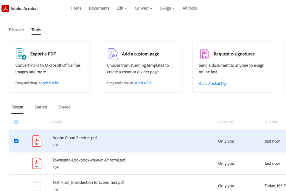 adobe document cloud management software interface