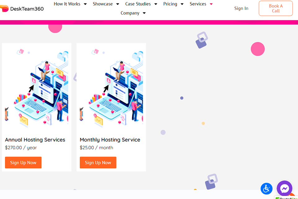 deskteam360 free website hosting interface