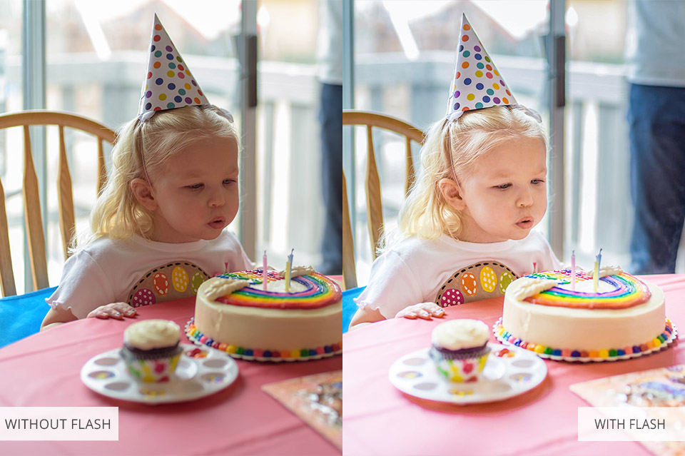 birthday photography with flash and without