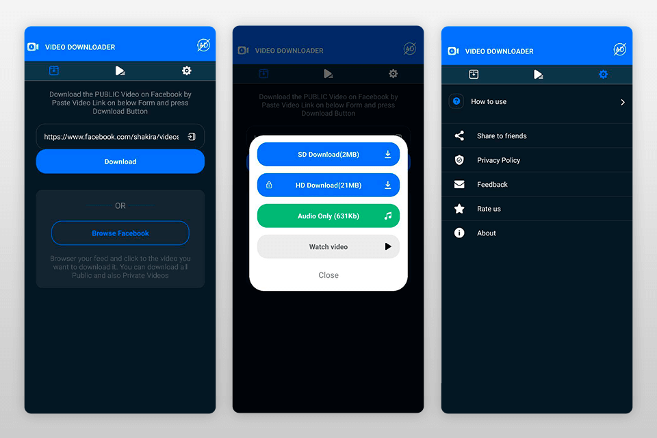 f downloader app to download facebook video interface