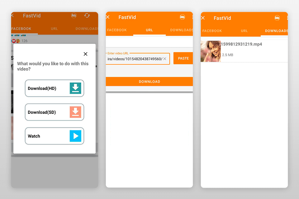fastvid app to download facebook video interface