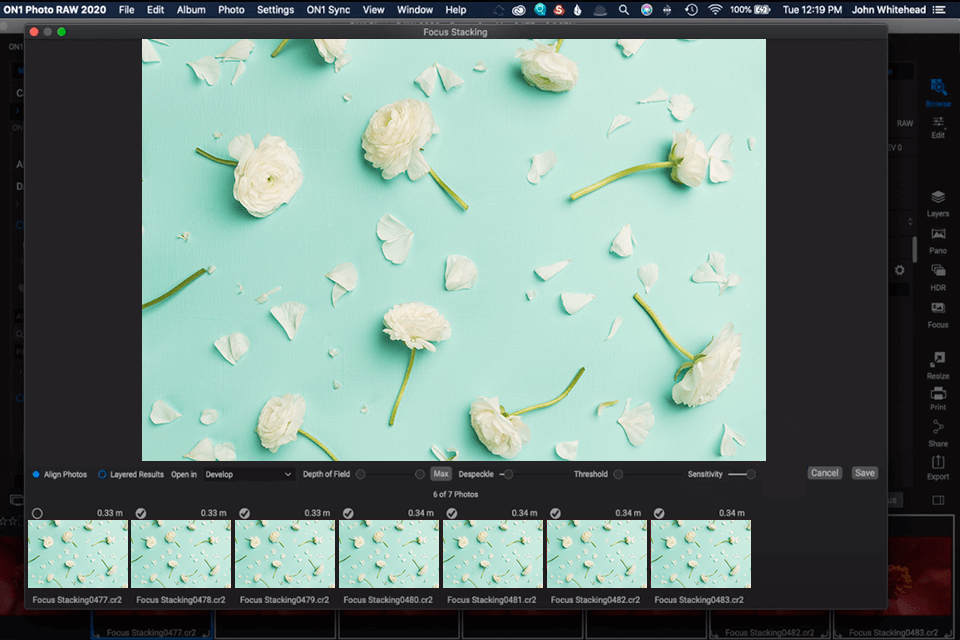 on1 photo raw 2025 focus stacking software interface