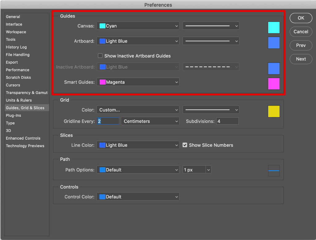photoshop guides setting preferences