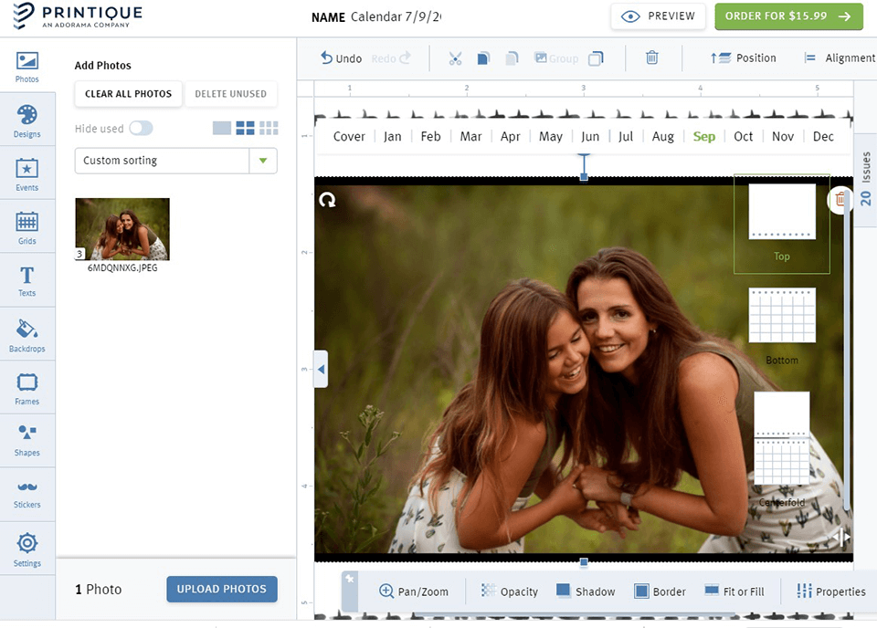 printique photo calendar interface