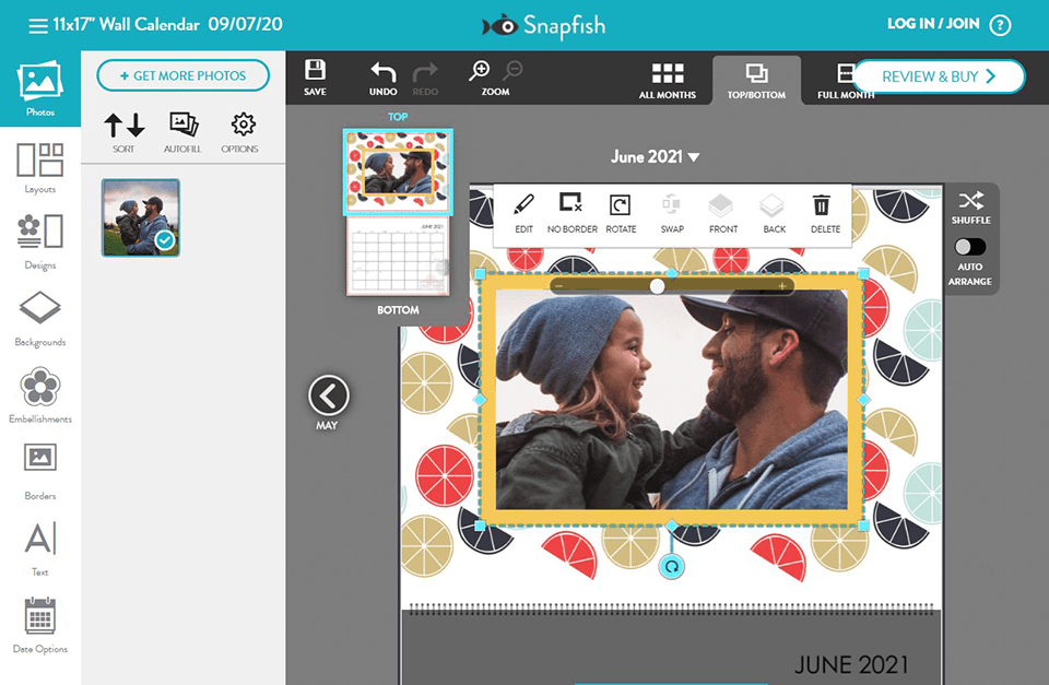 snapfish photo calendar interface