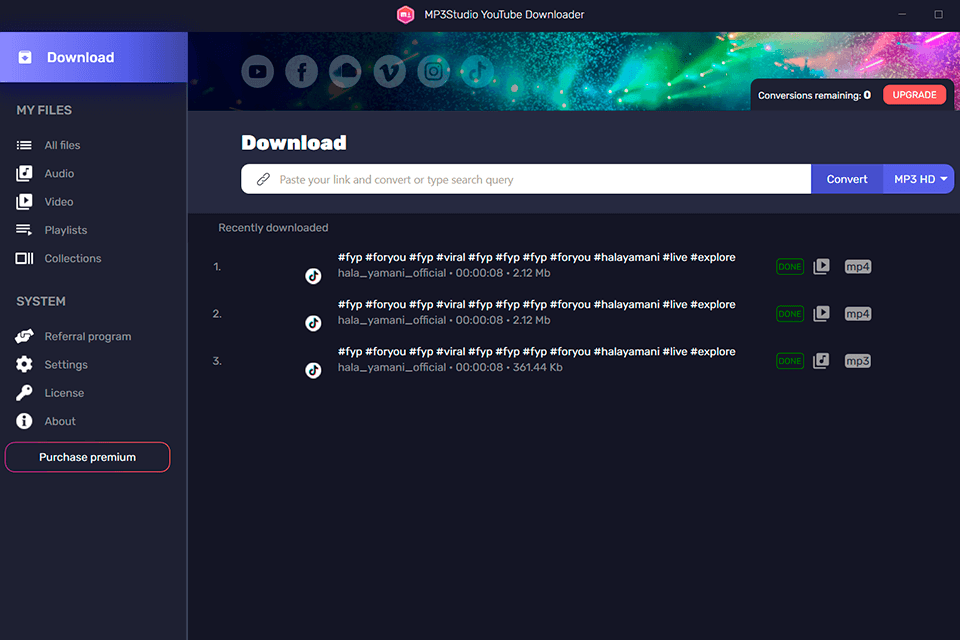 mp3studio tiktok video downloader interface