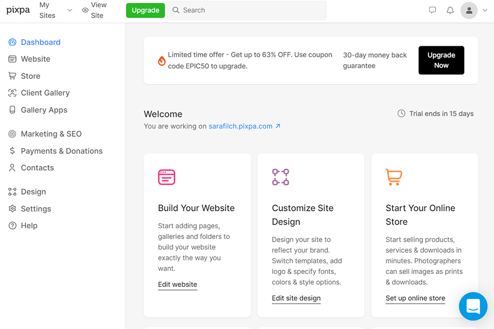 pixpa ecommerce website builder interface