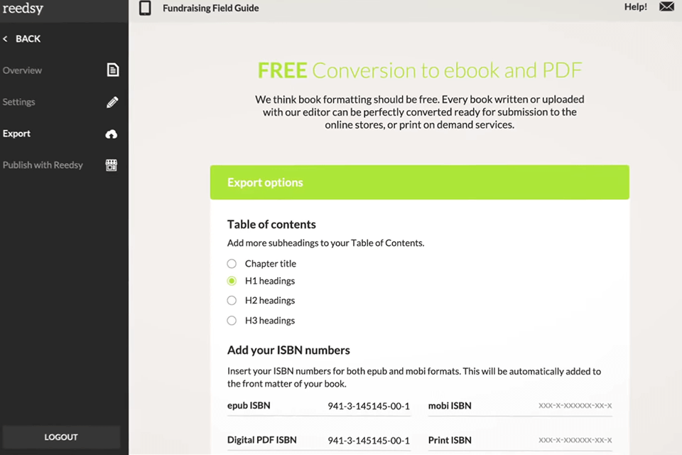 interface de software de design de livro reedsy
