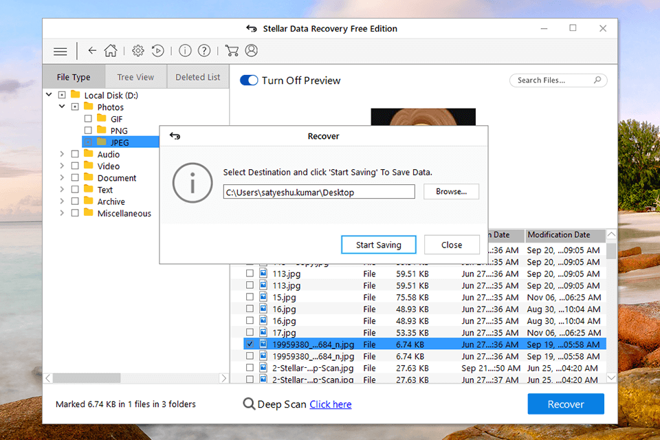 anteprima e salvataggio di stellar recupero dati
