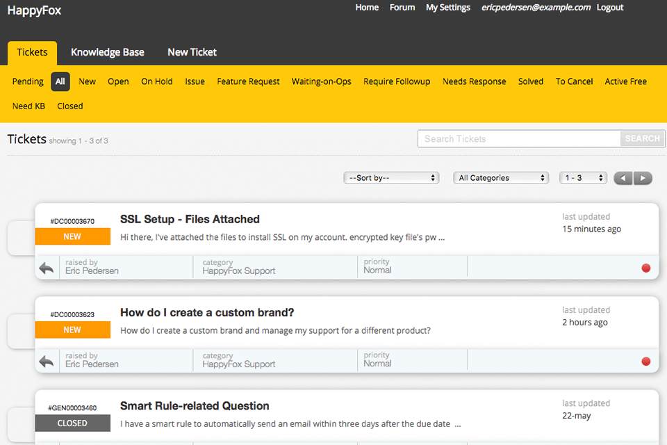 Interface du logiciel de billetterie happyfox