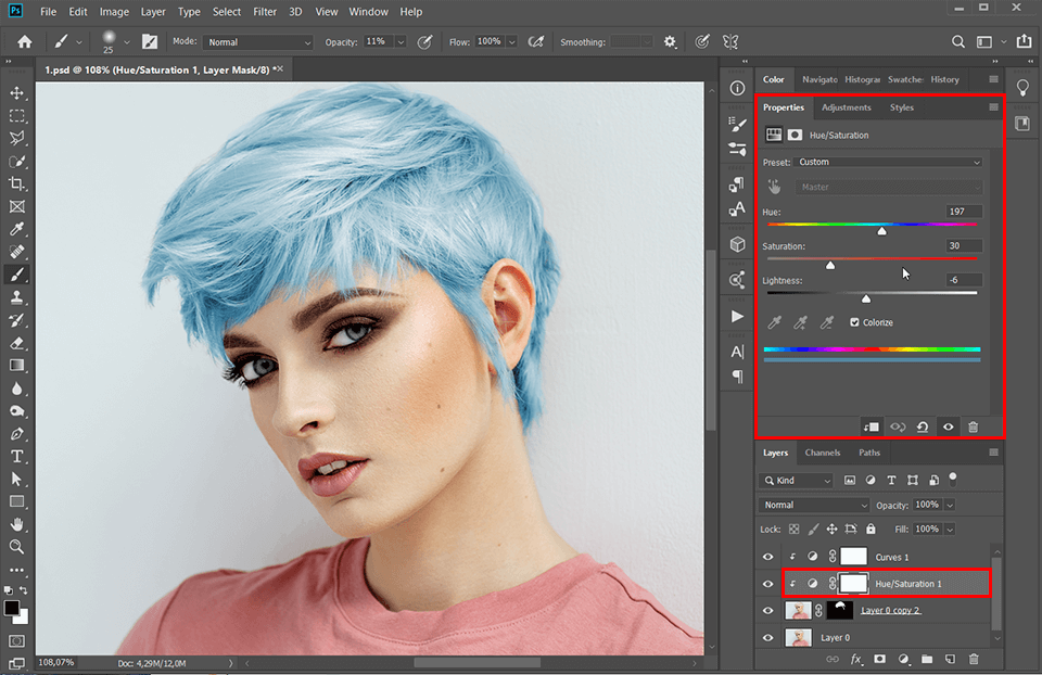 how to change hair color in photoshop hue saturation adjustment layer