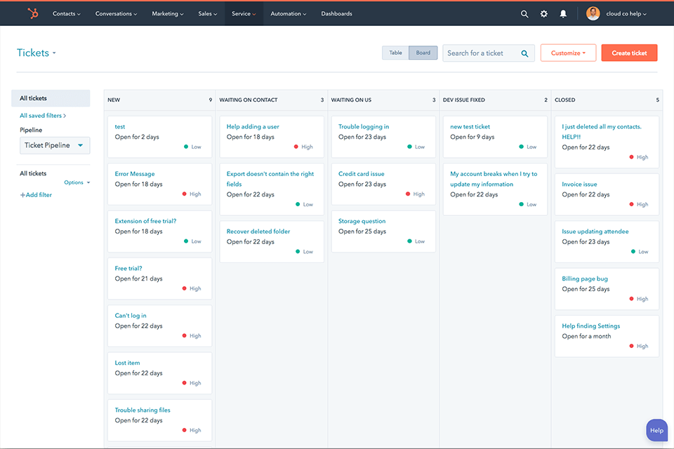 interface du logiciel de billetterie hubspot