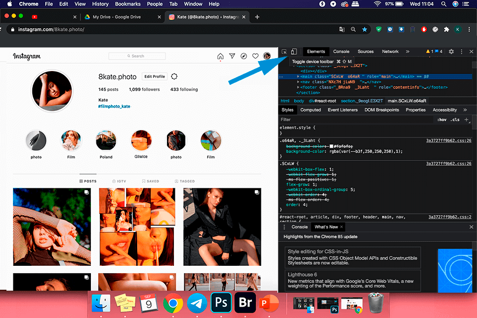 instagram google chrome developer tab