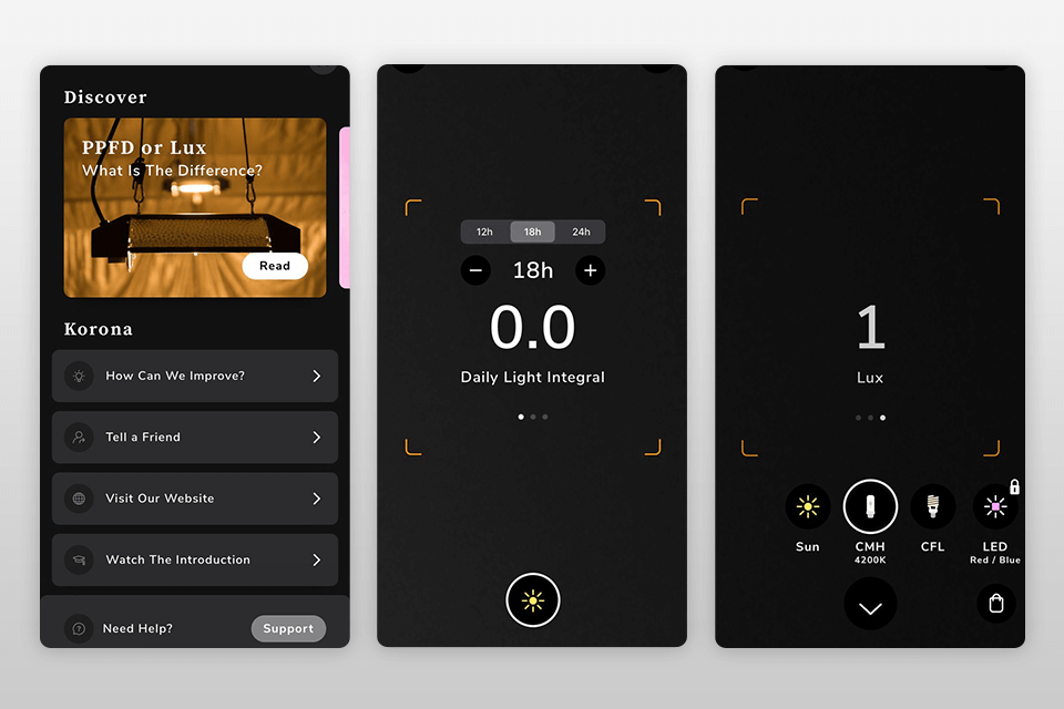 korona plant light meter app interface