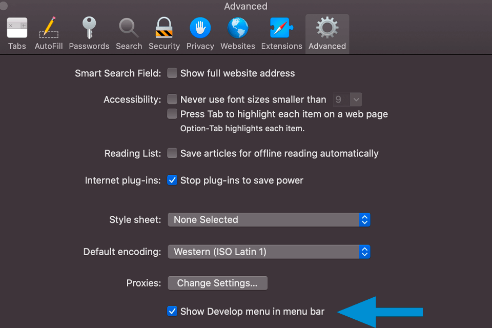 safari developer menu