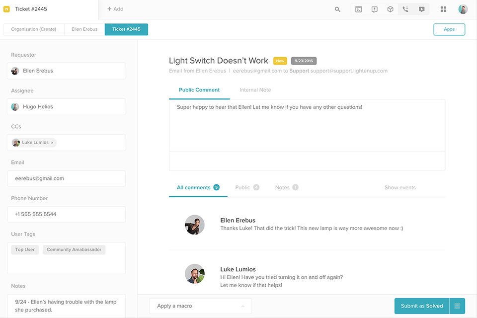 interface du logiciel de billetterie zendesk