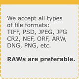 We accept jpg, gif, tiff, psd, arw, dng, png,cr2,nef, orf to retouch your photos