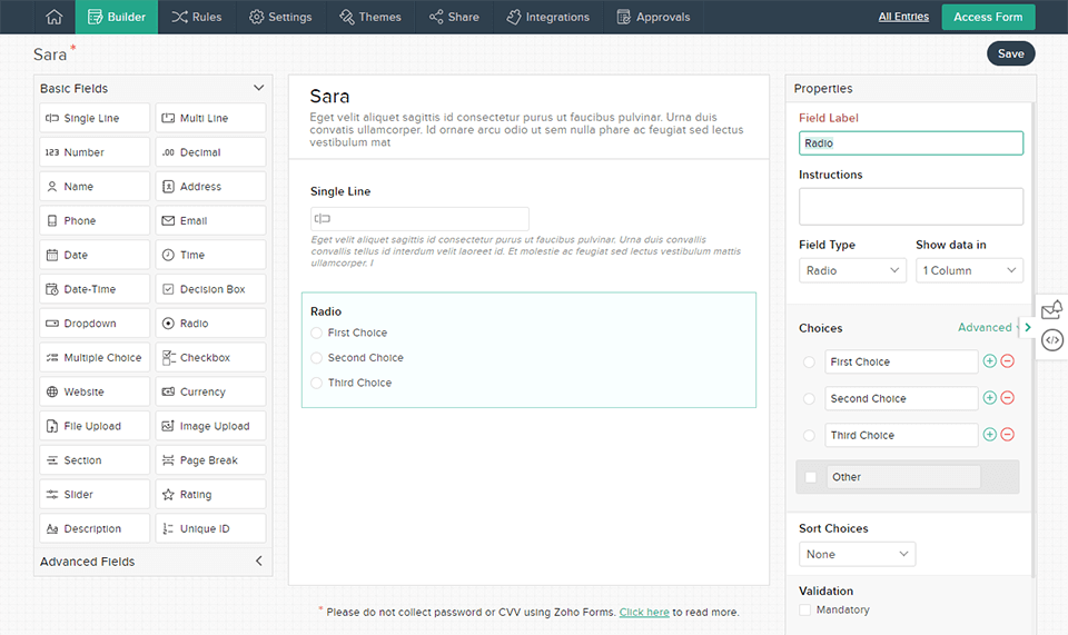 zoho forms online form builder interface