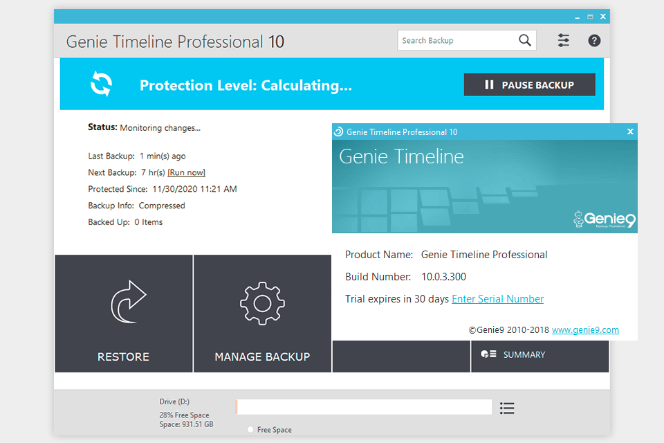 genie backup manager windows software interface