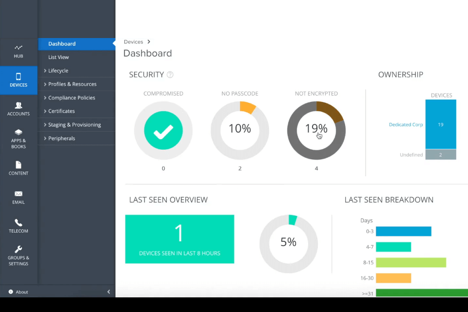 airwatch workspace one mobile device management software interface