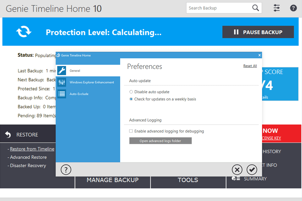 genie timeline incremental backup software interface