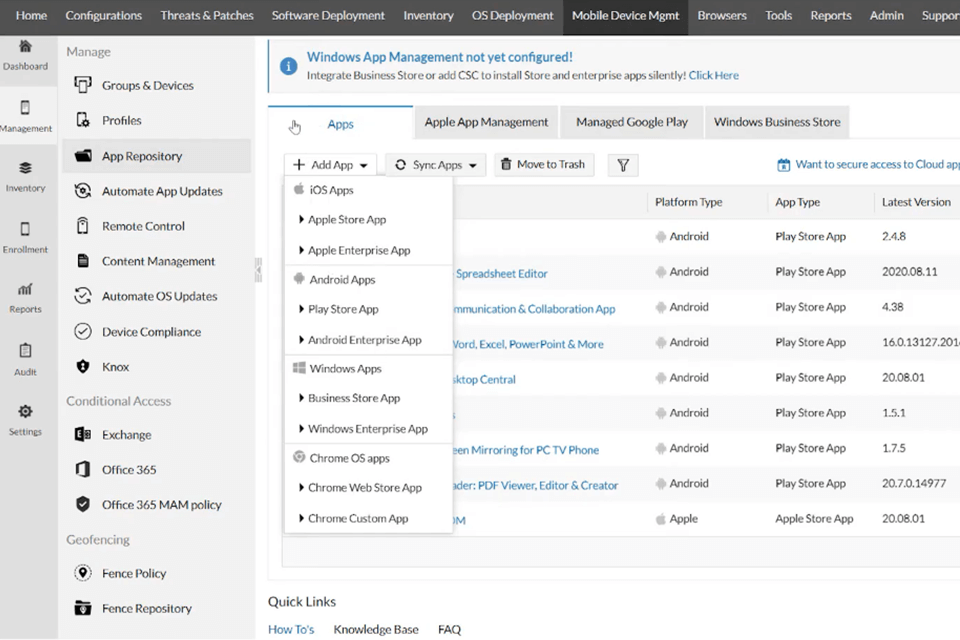 manageengine mobile device manager plus interface