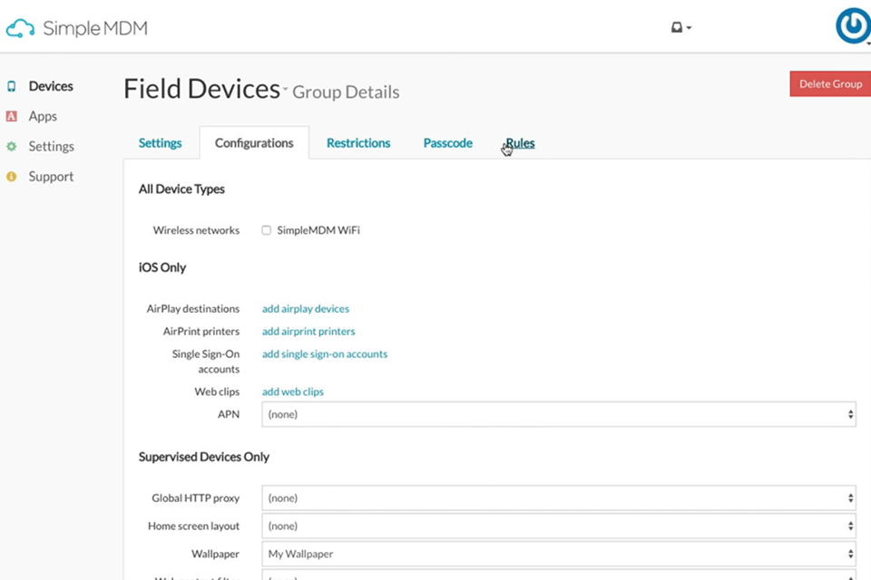 simplemdm mobile device management software interface