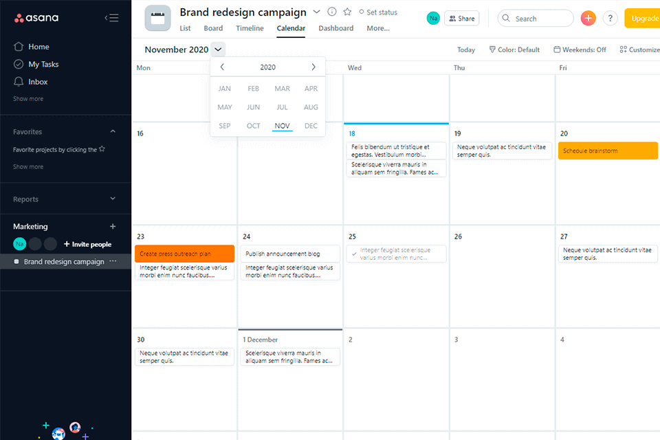asana personal project management software interface