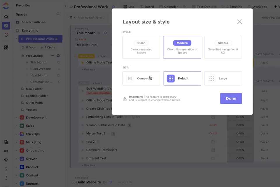 clickup personal project management software interface