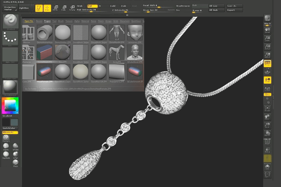 واجهة برنامج تصميم المجوهرات zbrush