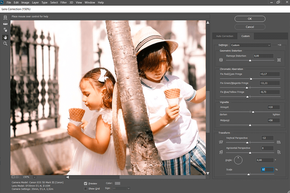 adobe photoshop software to correct lens distortion interface