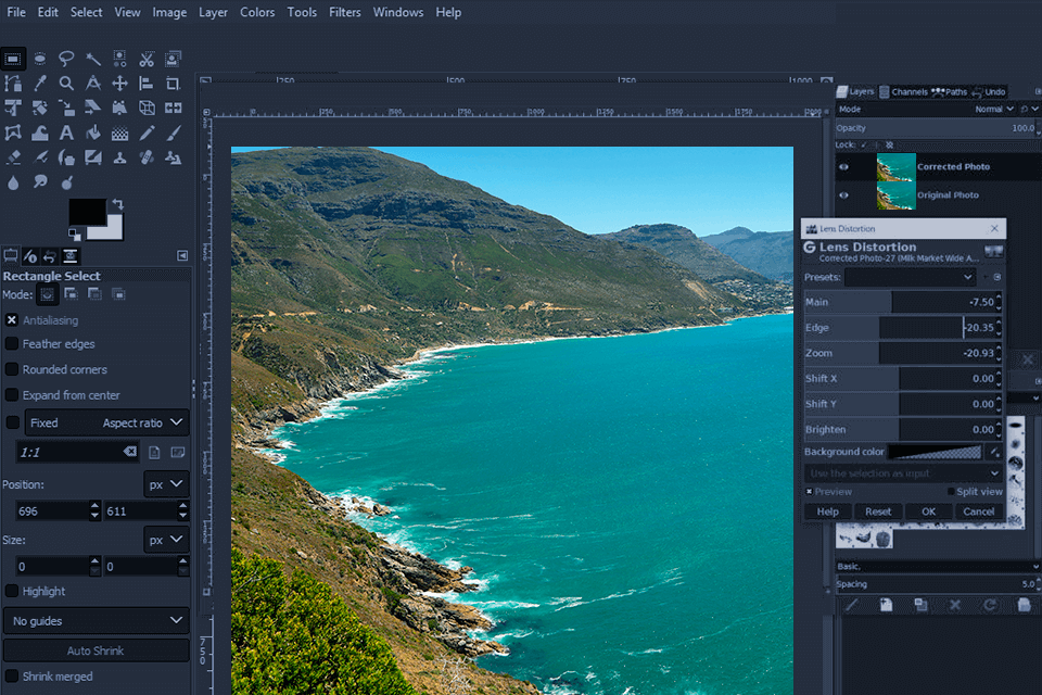 gimp software to correct lens distortion interface